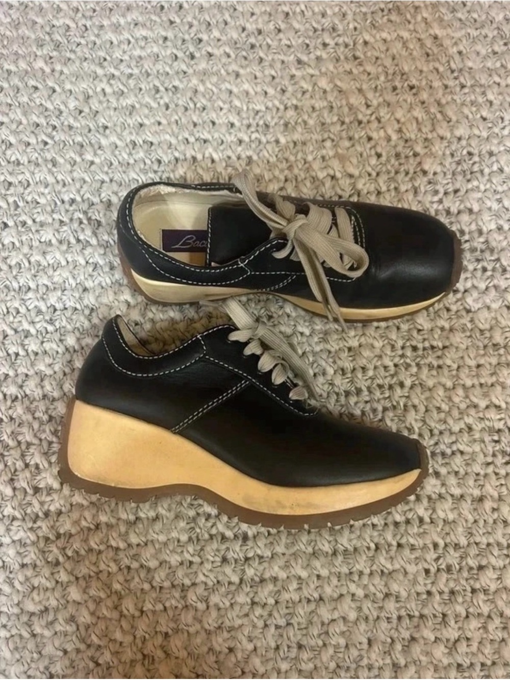 Vintage Y2K Baci Navy Leather Platform Wedge Oxford Sneakers | 6.5